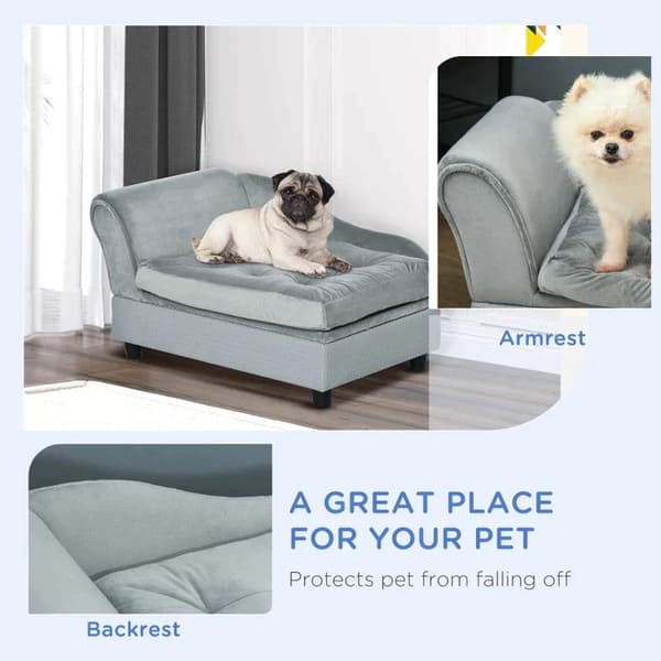 Rootz Dog Sofa - Pet Sofa with Mat - Dog Bed - Dog Mat - Natural Wood+Plush - Light Blue - 76 x 45 x 41.5cm