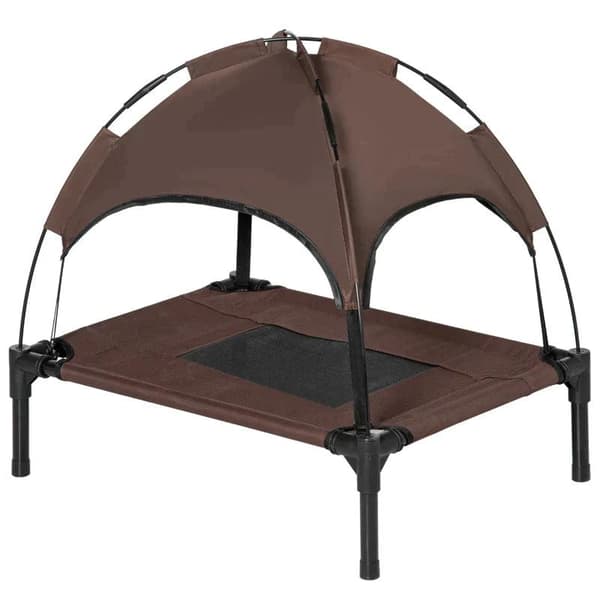 Rootz Pet Bed With Canopy - Raised Dog Bed - Outdoor Dog Lounger With Roof - Breathable - Taffeta Coffee - 61 x 46 x 62 cm