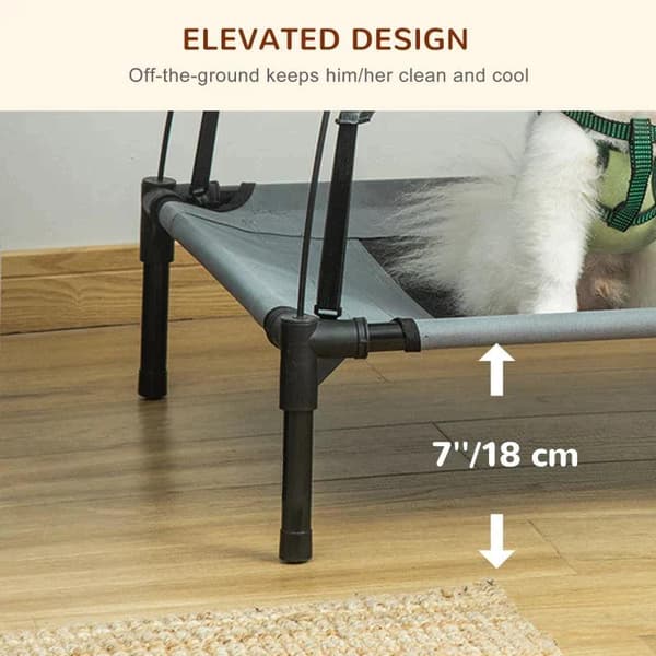 Rootz Pet Bed With Canopy - Raised Dog Bed - Outdoor Dog Lounger With Roof - Breathable - Taffeta Grey - 61 x 46 x 62 cm