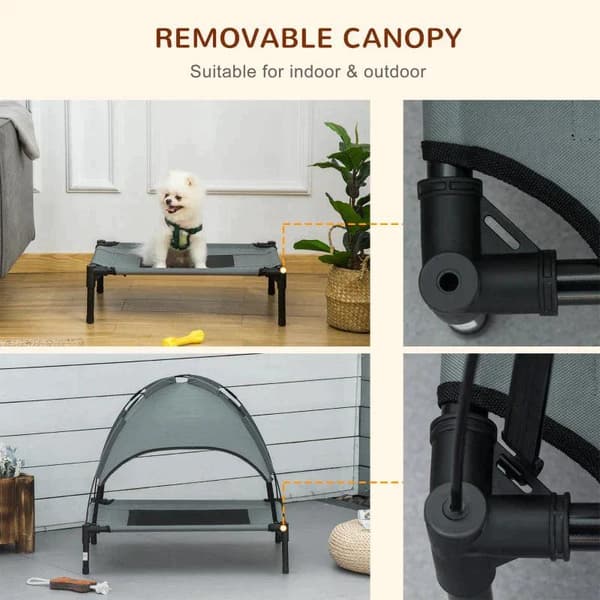 Rootz Pet Bed With Canopy - Raised Dog Bed - Outdoor Dog Lounger With Roof - Breathable - Taffeta Grey - 61 x 46 x 62 cm