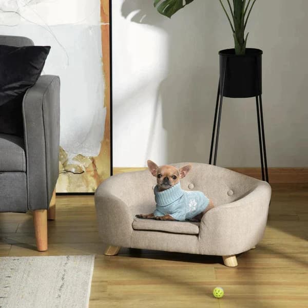 Rootz Pet Sofa - Hundmatta - Hundsäng - Hundsoffa - Hundsoffa - Kattsoffa med kudde - Bakficka - Plyschskum - Furu - Gräddvit - 70 x 47 x 30 cm