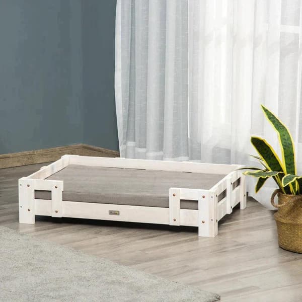 Rootz kæledyrsseng - Hundesofa - Højtstående kæledyrssofa - Med pude - Kattesofa - Hundesofa - Hundeseng - Hundesoveplads - Hvid/Grå - 90 x 60 x 20 cm