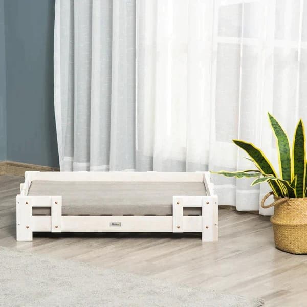 Rootz kæledyrsseng - Hundesofa - Højtstående kæledyrssofa - Med pude - Kattesofa - Hundesofa - Hundeseng - Hundesoveplads - Hvid/Grå - 90 x 60 x 20 cm