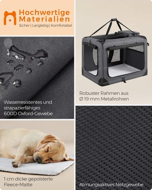 Rootz XXXL Grey Dog Box - Pet Crate - Kennel - Metallram - 600D Oxford-tyg - PVC-beläggning - Fleece - Rymlig - Hållbar - Bärbar - 102cm x 69cm x 69cm