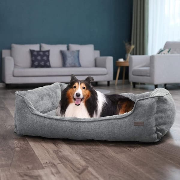FEANDREA Hyggelig Hundeseng - Husdyrseng - Hvalpeseng - Imiteret linned - Aftageligt betræk - Kan maskinvaskes - 110 cm x 77 cm x 25 cm