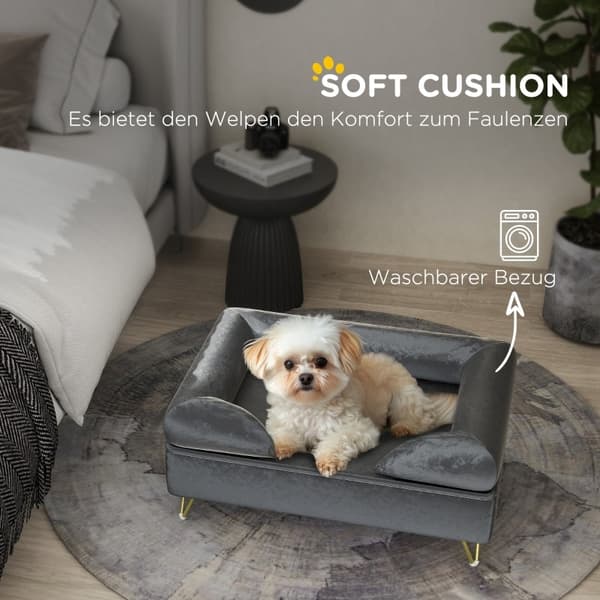 Rootz Pet Soffa Solstol - Hundsäng - Vadderad kudde - Sammetsöverdrag - Avtagbar tvättbar - Träram - 76cm x 53,5cm x 34cm