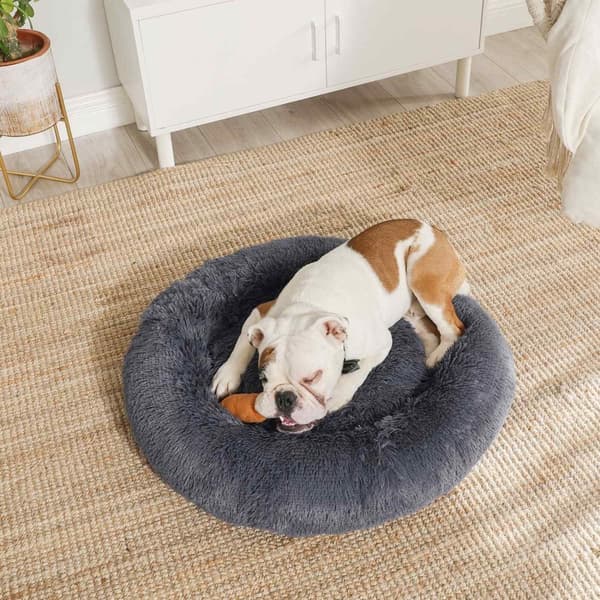 Rootz Fluffy Hundeseng - Dyreseng - Donutpude - Plysstof - PP Bomuld - 90 cm x 20 cm - Mørkegrå - 2,1 kg