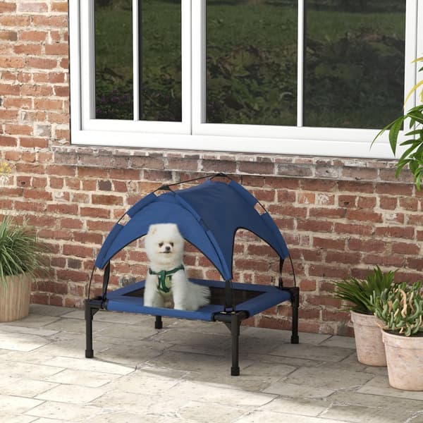 Hævet hundeseng med baldakin, 76x61x69.5 cm, Mørkeblå