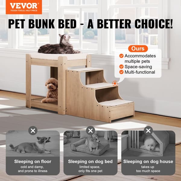 Husdjur Bunk Bed, Flera Nivåer med 3 Trappnivåer, Mjuk Tvättbar Fleecekudde, Beige Färg