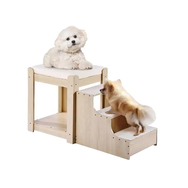 Husdjur Bunk Bed, Flera Nivåer med 3 Trappnivåer, Mjuk Tvättbar Fleecekudde, Beige Färg