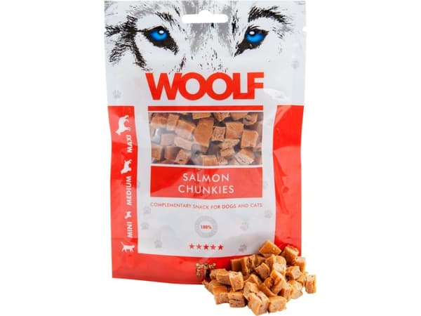 WOOLF Salmon Chunkies - godbidder til hunde og katte - 100 g