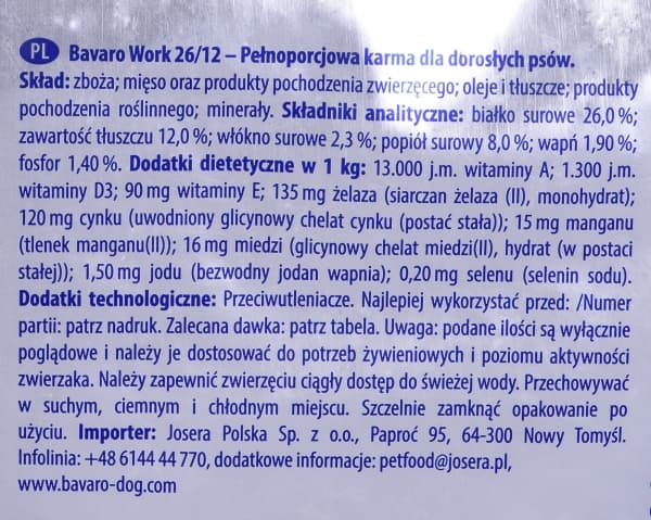 Josera BAVARO WORK ADULT 26/12 - 18KG 15 kg Vihannesvilja