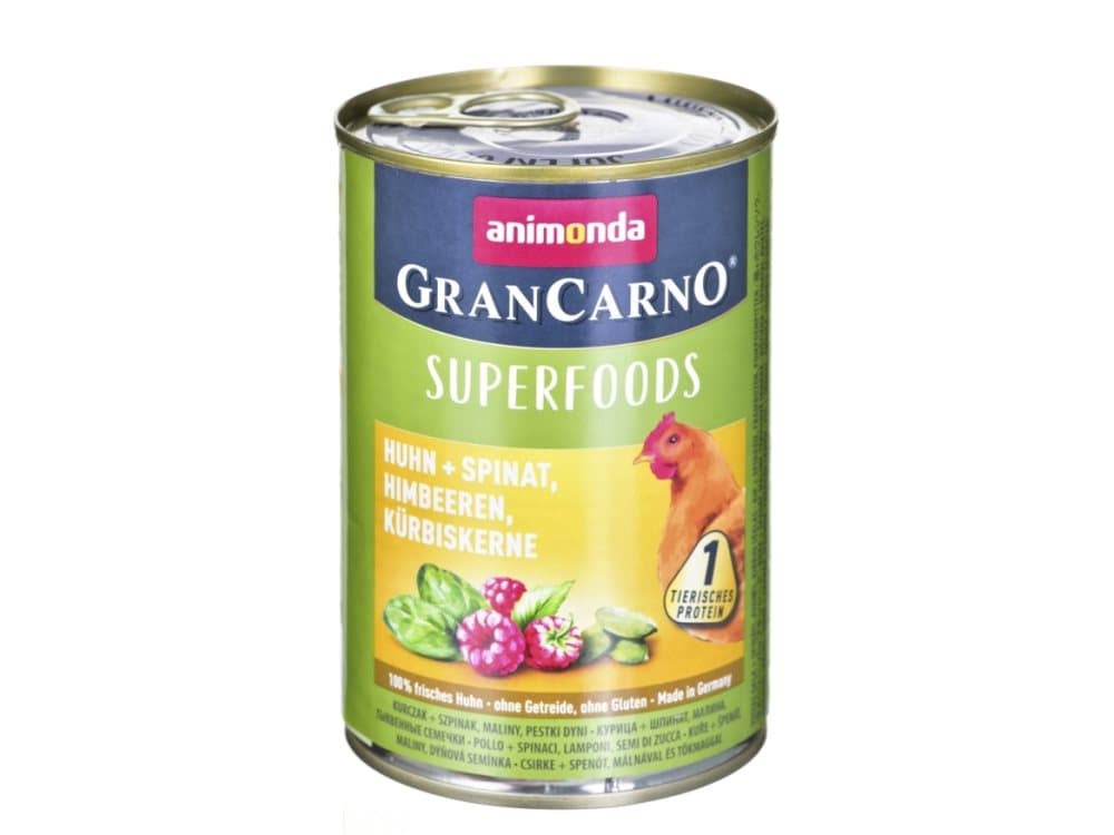 ANIMONDA GranCarno Superfoods smag: kylling, spinat, hindbær, græskarfrø - 400 g dåse