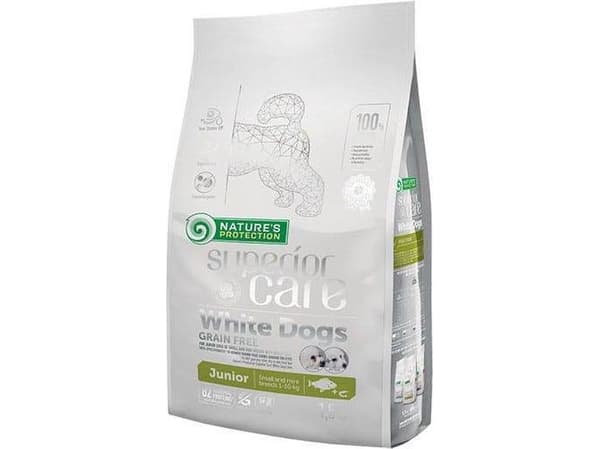 Nature's Protection Superior Care White Dogs Grain Free White Fish Junior Small and Mini Breeds 1,5kg, viljaton kuivaruoka, jossa on valkoista kalaa