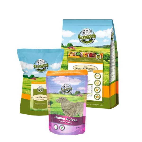 Lavt purinsett for hunder - Naturgut-Schmaus 4 kg + Immun Pulver 80g + Landgut-Happen 200g fra Bellfor Hundemat