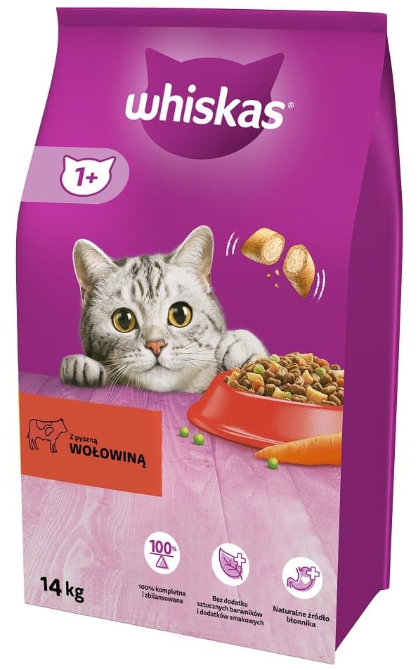 WHISKAS Delicious Beef -lihalla - kuivaruoka yli 1-vuotiaille kissoille - 14 kg