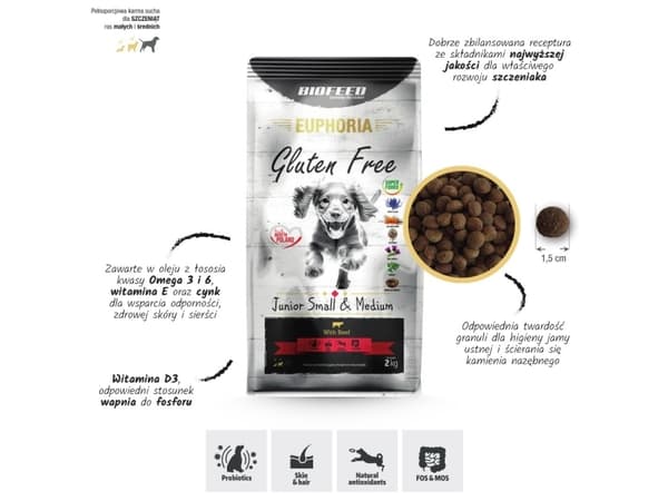BIOFEED Euphoria Gluten Free Junior small & medium Beef - tørfoder til hunde - 12kg