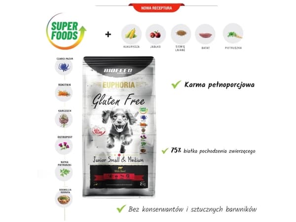 BIOFEED Euphoria Gluten Free Junior small & medium Beef - tørfoder til hunde - 12kg