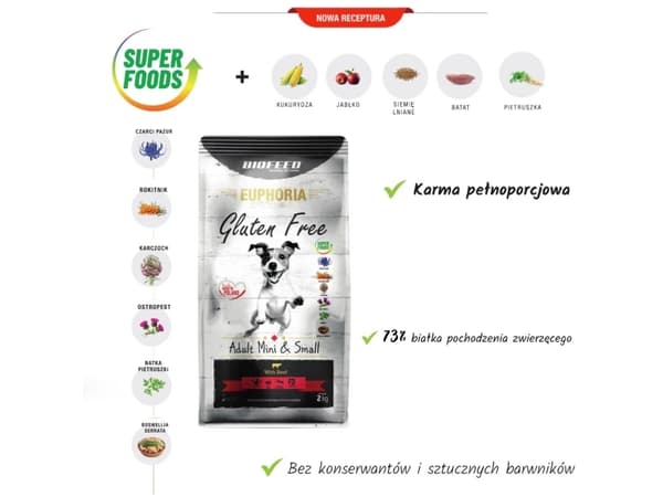 BIOFEED Euphoria Gluten Free Adult mini &amp; small Beef - torrfoder för hundar - 12 kg