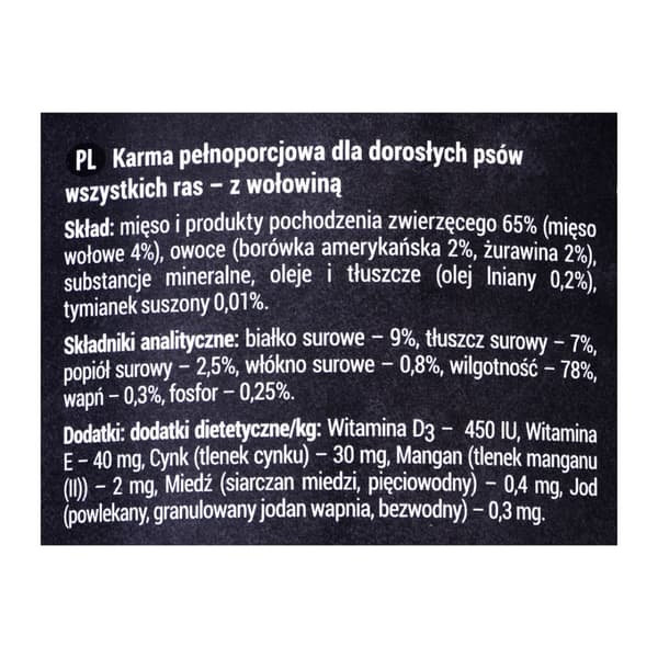DOLINA NOTECI Rafi naudanlihalla, karpaloilla ja mustikoilla - koiran märkäruoka - 400g
