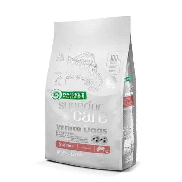 Nature's Protection Superior Care White Dogs Grain Free with Salmon Starter All Breeds 10 kg, torrt spannmålsfritt med lax för alla raser av vitpälsa