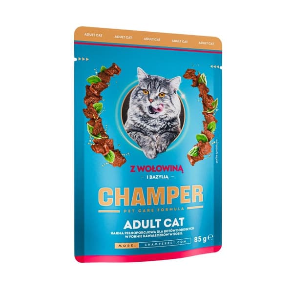 CHAMPER - Oksekød med basilikum i sauce - 85g - Kattepose
