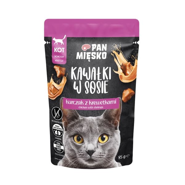 PAN MEAT - Bitar i sås - Kyckling med räkor - 85g - Våtfoder för katter