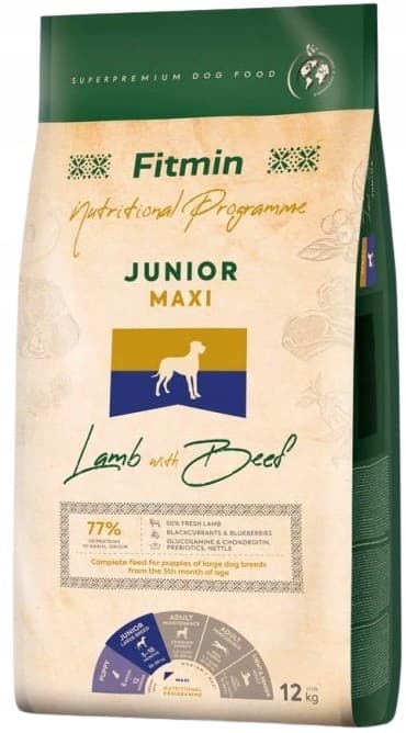 FITMIN JUNIOR MAXI tørfoder til hunde til hvalpe LAM OKSEKØD 12 kg