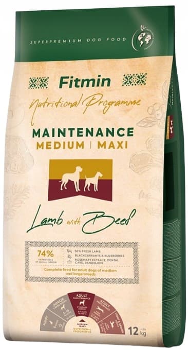 FITMIN HUNDFÖRING MAXI/MEDIUM torrfoder för hundar och lamm 12 kg