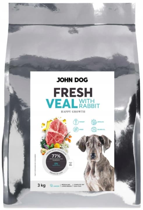 JUNIOR FRESH torrfoder för hundar KALVKÖTT MED KANIN John Dog 3 kg