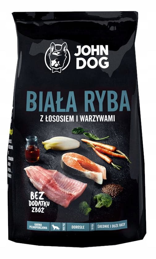 JOHN DOG torrfoder för hundar med medelstora och stora raser VIT FISK OCH LAX 12 kg