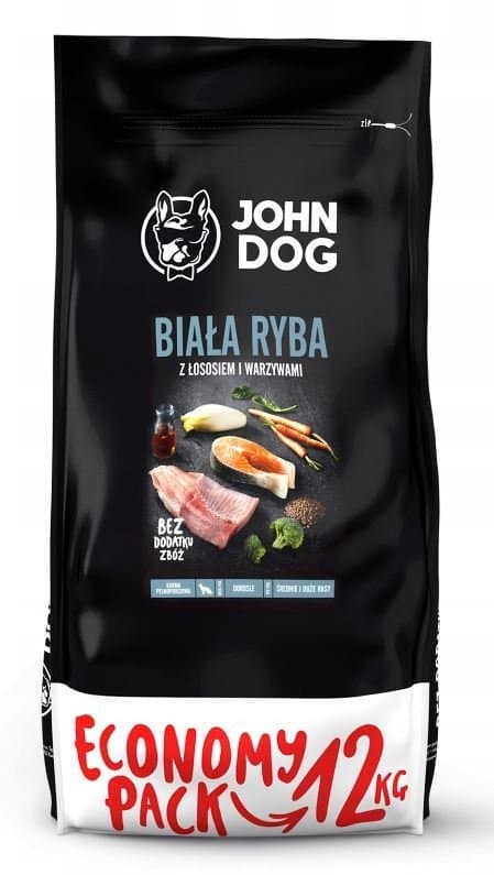 JOHN DOG torrfoder för hundar med medelstora och stora raser VIT FISK OCH LAX 12 kg