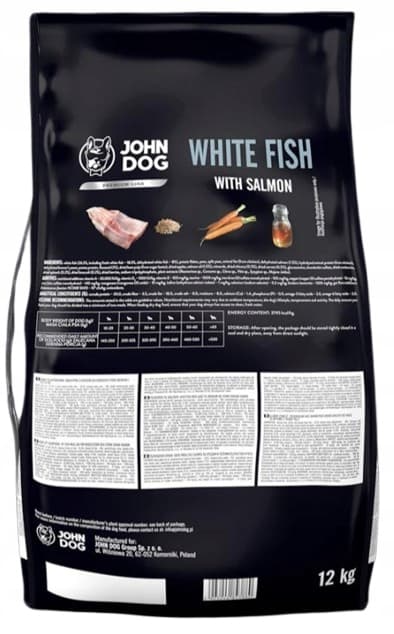 JOHN DOG torrfoder för hundar med medelstora och stora raser VIT FISK OCH LAX 12 kg