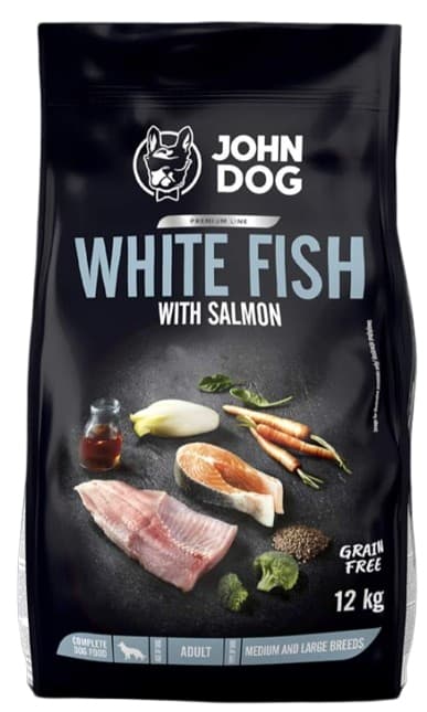 JOHN DOG torrfoder för hundar med medelstora och stora raser VIT FISK OCH LAX 12 kg