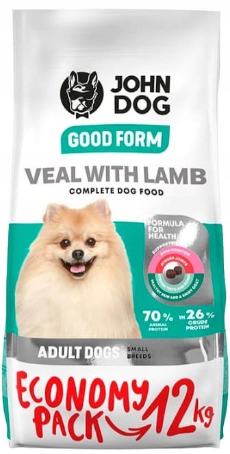 JOHN DOG torrfoder för hundar för små raser KALVKÖTT OCH LAMM 12 kg
