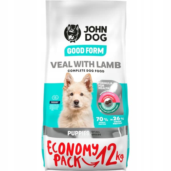 JOHN DOG torrfoder för hundar och valpar KALVKÖTT LAMM 12 kg