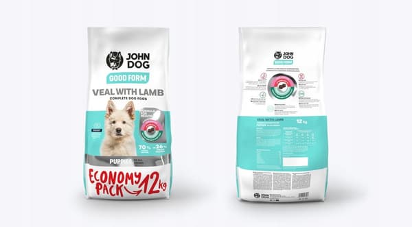 JOHN DOG torrfoder för hundar och valpar KALVKÖTT LAMM 12 kg