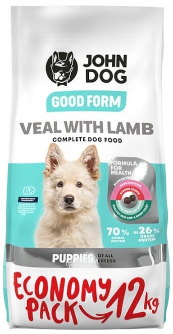 JOHN DOG torrfoder för hundar och valpar KALVKÖTT LAMM 12 kg