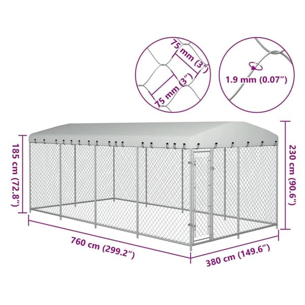 vidaXL udendørs hundeløbegård med tag 7,6 x 3,8 x 2,3 m