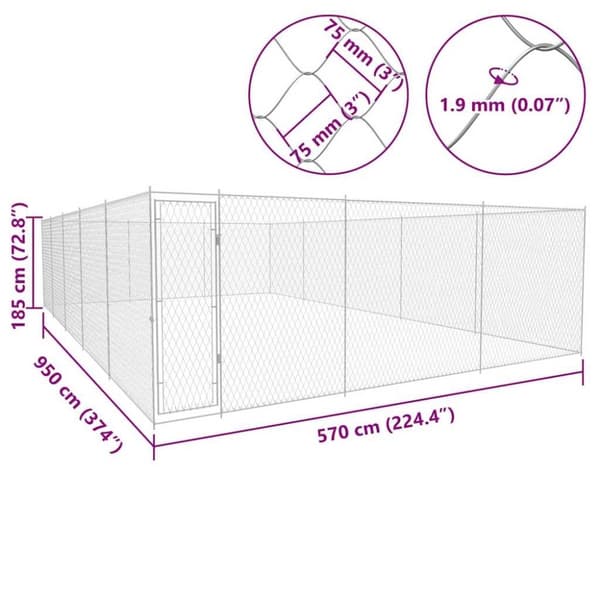 vidaXL udendørs hundeløbegård galvaniseret stål 950x570x185 cm