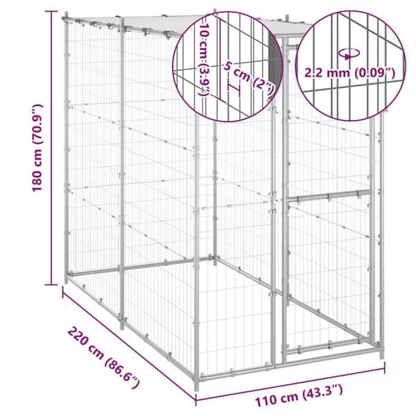 vidaXL Hundgård för utomhusbruk stål med tak 110x220x180 cm