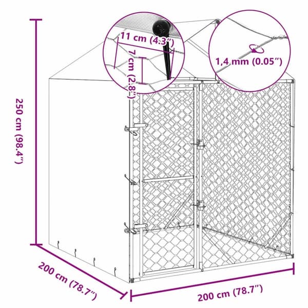 vidaXL Koiran ulkohäkki katolla hopea 2x2x2,5 m galvanoitu teräs