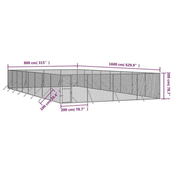 vidaXL Koiran ulkohäkki hopea 8x16x2 m galvanoitu teräs