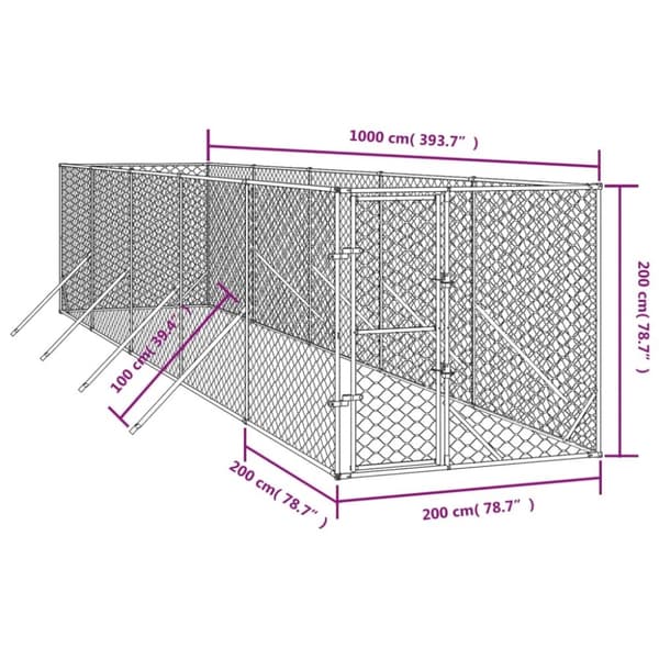 vidaXL Hundgård för utomhusbruk silver 2x10x2 m galvaniserat stål