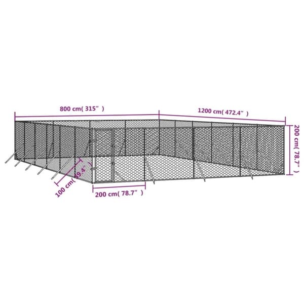 vidaXL Koiran ulkohäkki hopea 8x12x2 m galvanoitu teräs