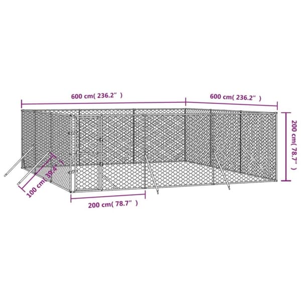 vidaXL Koiran ulkohäkki hopea 6x6x2 m galvanoitu teräs