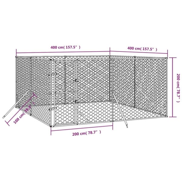 vidaXL udendørs hundegård 4x4x2 m galvaniseret stål sølvfarvet