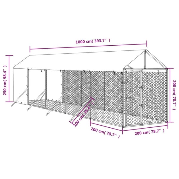 vidaXL Koiran ulkohäkki katolla hopea 2x10x2,5 m galvanoitu teräs