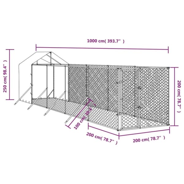 vidaXL Koiran ulkohäkki katolla hopea 2x10x2,5 m galvanoitu teräs