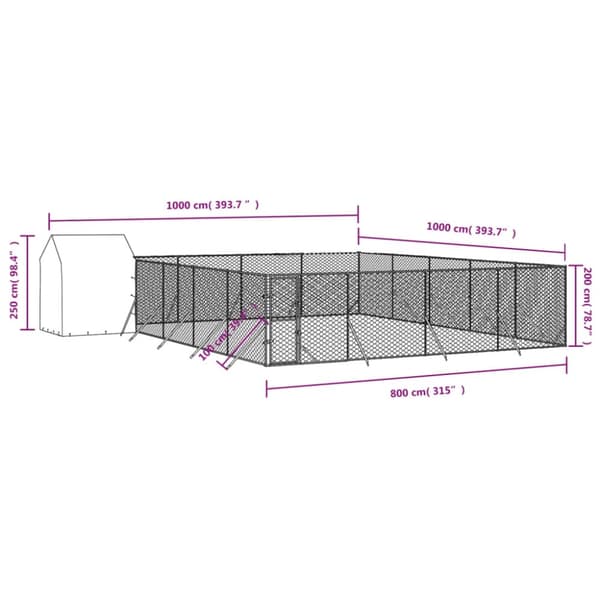 vidaXL Koiran ulkohäkki katolla hopea 10x10x2,5 m galvanoitu teräs